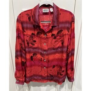 Vtg Chico's Design Silk Button Up Shirt Size Large Red Tropical Floral‎ Blouse